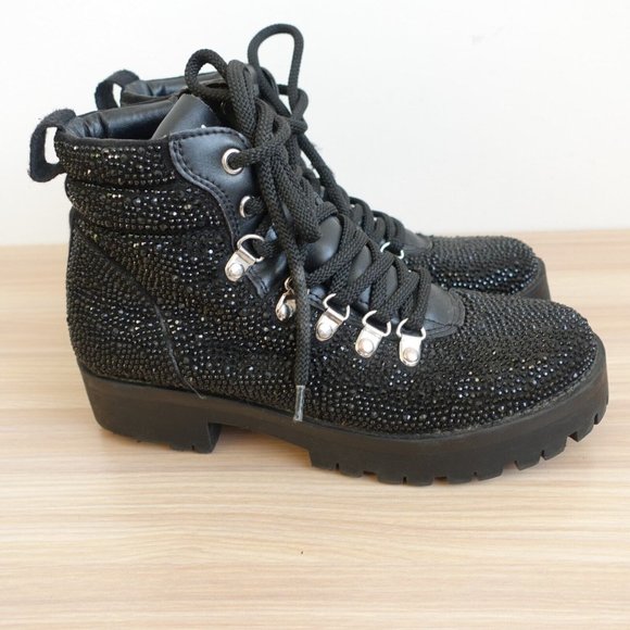 Steve Madden Shoes Leather 6 Boots Black Combat Chunky Lug Sole Studded Buzzer - Picture 9 of 16
